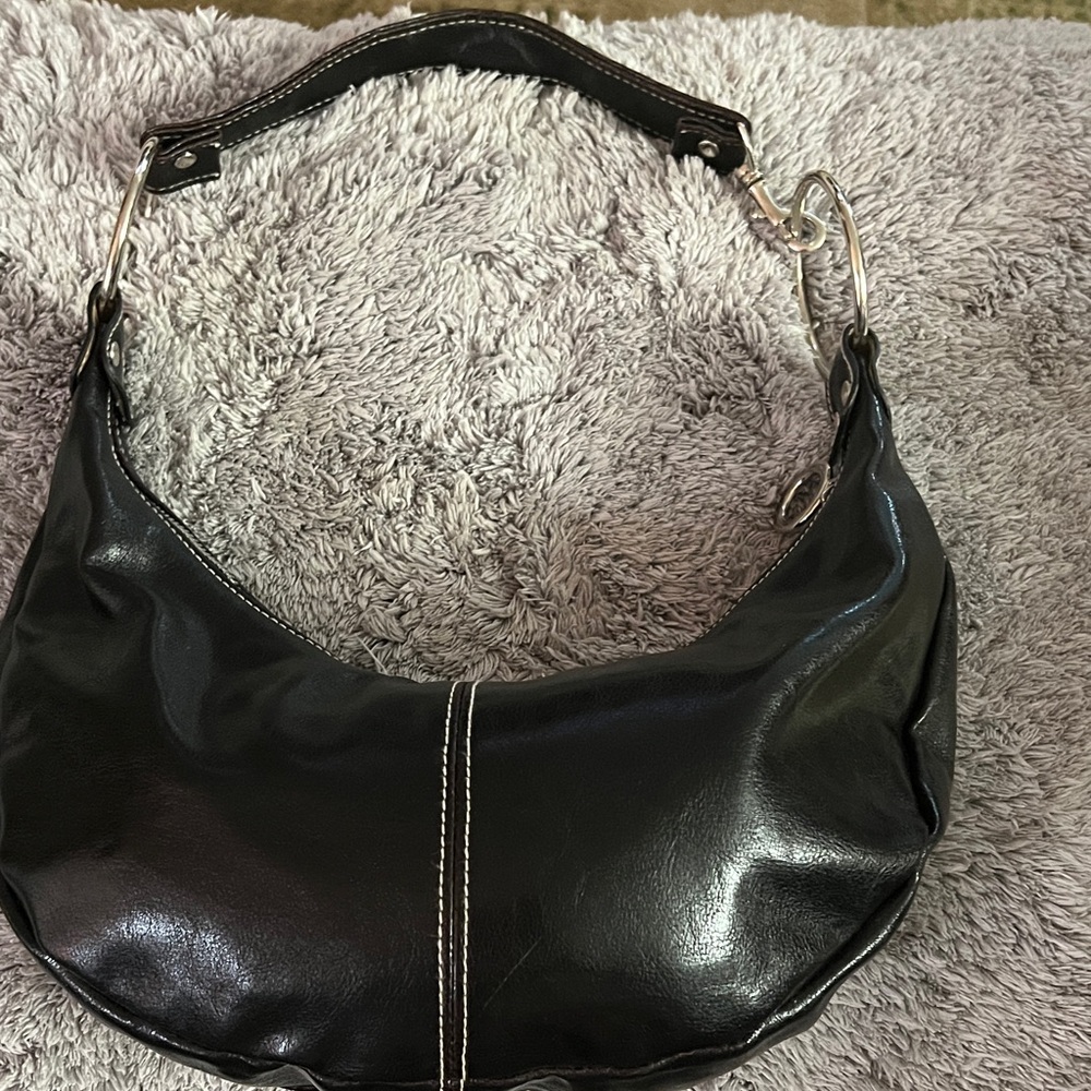 Black Leather Hobo Shoulder Bag with Contrast Stitching